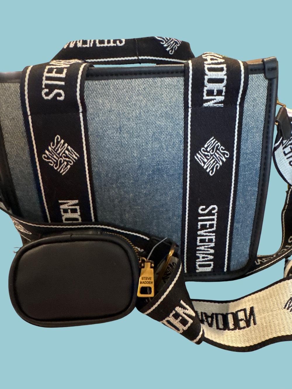 Steve Madden Denim and Black Logo Strap Messenger Bag